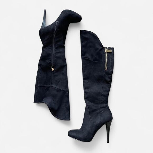 Black Suede-Style Knee High Stiletto Boots - Picture 1 of 8
